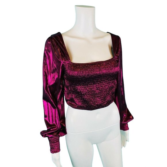 Peach Puff Crop Top Women's Medium Magenta Smocked Long Sleeve Shirt Disco - Picture 3 of 8